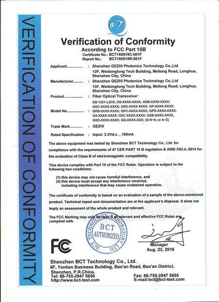 Китай Gezhi Photonics (Shenzhen) Technology Co., Ltd. Сертификаты